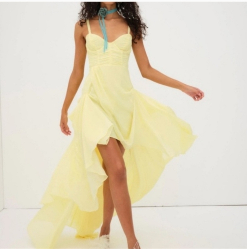 For Love & Lemons Bustier Baby Yellow High-low Ruffle Gown W/Spaghetti Straps - Picture 3 of 8
